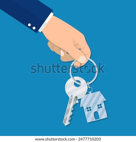 hand holds the key from the home. Template for sale, rent home. rent house, concept. Vector illustration flat design.