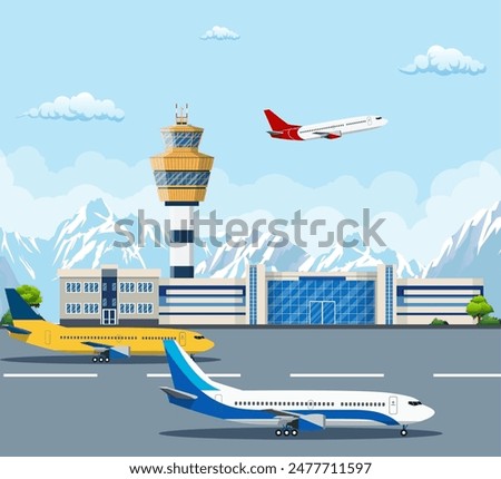 Airport building and airplanes on runway. Control Tower and Airplane on the Background of the mountain, Travel and Tourism Concept