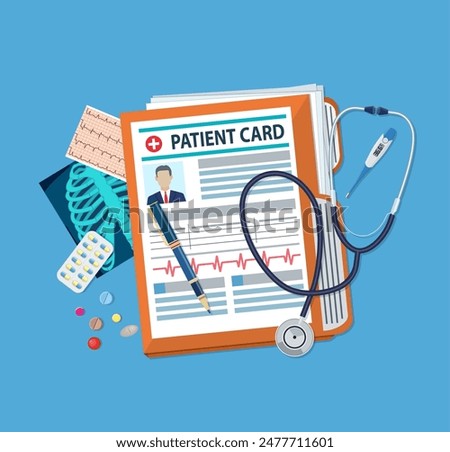 Folder woth documents, stethoscope, pills, pen, thermometer, x-ray. patient card. medical report. analysis or prescription concept. vector illustration in flat style