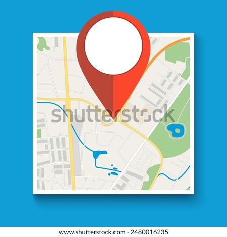 Navigation geolocation icon. square city map with red pin, vector illustration in flat design on blue background