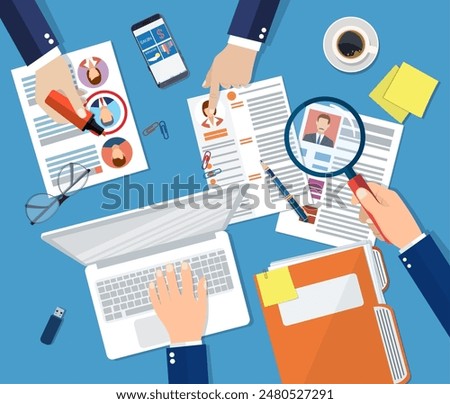 Human resources management concept, searching professional staff, work, hq, hard choice between three people, resume on desk, pen, coffee cup. Vector illustration in flat style