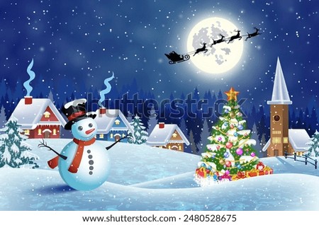 Christmas landscape with christmas tree and snowman with gifbox. background with moon and the silhouette of Santa Claus flying on a sleigh. concept for greeting or postal card, vector illustration