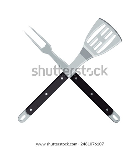 Grill tools icon. Crossed barbeque fork with spatula. BBQ symbol. Vector illustration in flat style