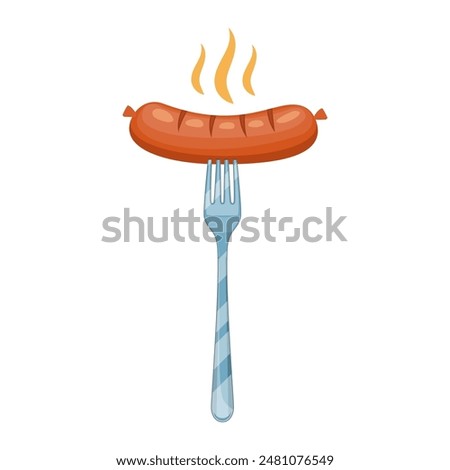 Sausage on a fork icon isolated on white background. Grilled sausage a poster template for an invitation to a party. vector illustration in flat design