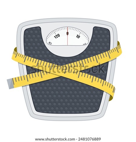 Bathroom floor weight scale and measuring tape. illustration in flat style on white background.