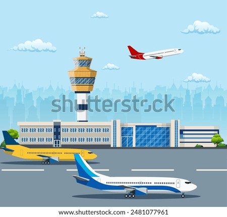 Airport building and airplanes on runway. Control Tower and Airplane on the Background of the city, Travel and Tourism Concept