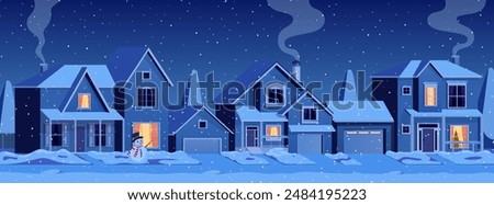 Urban or suburban neighborhood at night cartoon winter landscape street with snow on roofs, houses with lights. Vector illustration in a flat style