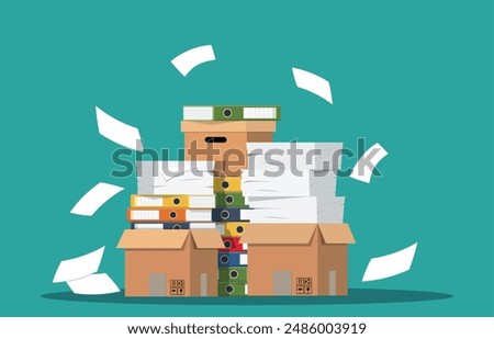 Pile of paper documents and file folders. Carton boxes. Bureaucracy, paperwork, office. Vector illustration in flat style