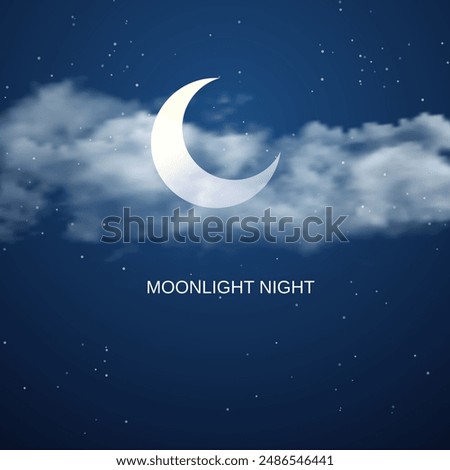 Night sky background with half moon, clouds and stars. Vector illustration.