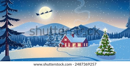 Winter snow landscape and houses with snowflakes falling from sky. Winter leisure, Christmas vacation, snowy hills, tree and fields. Santa Claus with deers in sky. Vector illustration