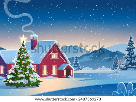 A house in a snowy Christmas landscape at night. christmas tree. concept for greeting or postal card. Winter snow landscape and houses with snowflakes falling from sky. vector illustration.