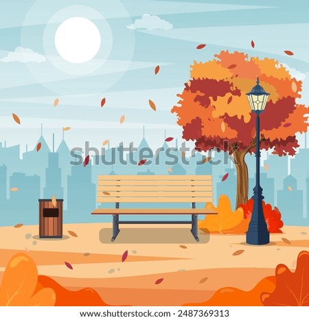 beautiful autumn city park with bench and town building background. Beautiful urban fall park for banner, poster, web. Vector illustration in flat style.