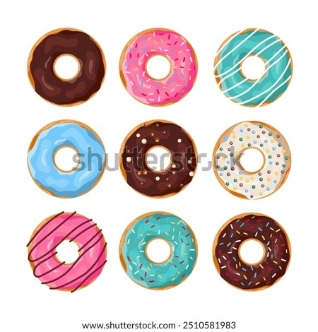 Set of cartoon colorful donuts isolated on white background. Top View Doughnuts collection into glaze for menu design, cafe decoration, delivery box. vector illustration in flat style