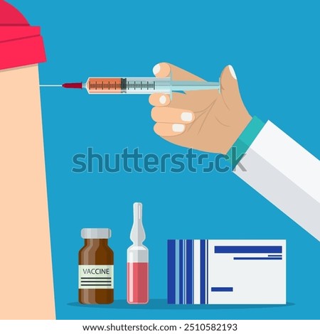 Doctor hand with syringe making vaccination of patient. Ampoule and syringe with medicament. Vaccination concept. Healthcare, hospital and medical diagnostics. Vector illustration in flat style