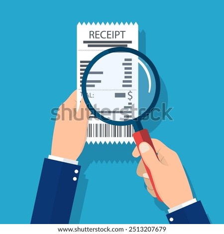 Man holding receipt. Studying paying bill, magnifying glass. Payment of utility, bank, restaurant. Concept business finance. vector illustration in flat style.