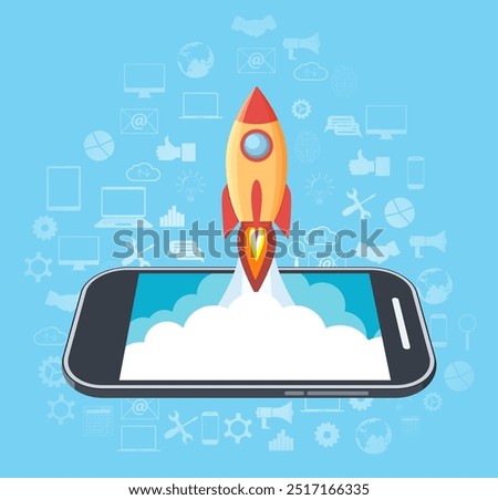 Rocket launched from the phone. start up idea. mobile development and technology. vector illustration in flat style on blue background