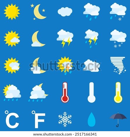 Weather icons on blue background. vector illustration in flat design