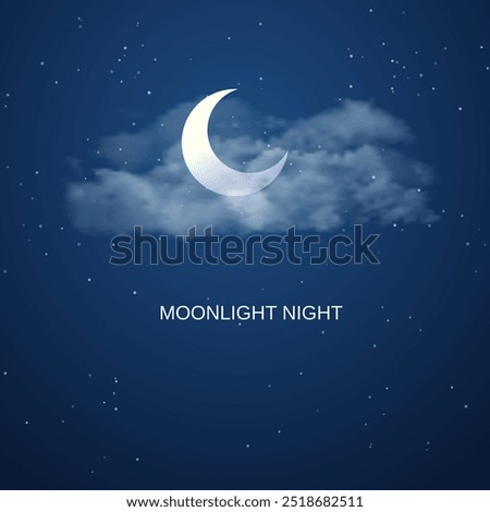 Night sky background with half moon, clouds and stars. Vector illustration.