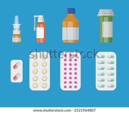 Set of medicine bottles with labels and pills. drugs, tablets,capsules vitamins. tablets in blisters painkillers. vector illustration in flat style