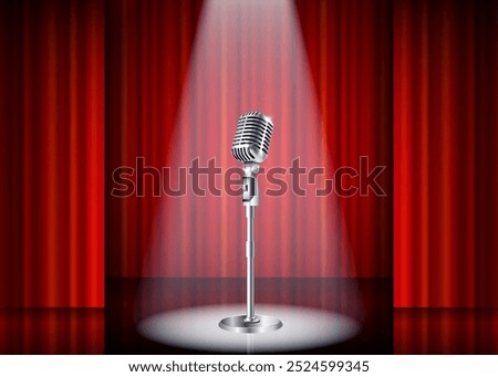 Metallic silver vintage microphone standing on empty stage under beam of spotlight light. mic on podium in the dark against red curtain backdrop. vector art image illustration, retro design