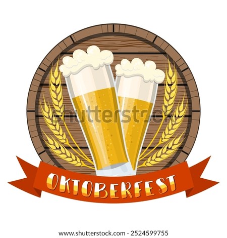 Glass of beer with craft foam lager ale on a wooden barrel. Oktoberfest beer festival cartoon poster, oktoberfest card design, menu, invitation. Vector illustration in flat style