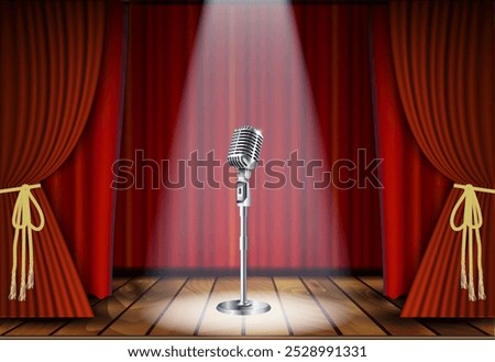 Metallic silver vintage microphone standing on empty stage under beam of spotlight light. mic on podium in the dark against red curtain backdrop. vector art image illustration, retro design