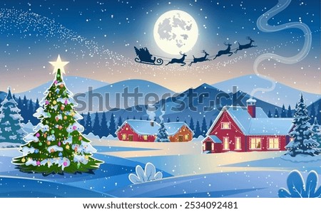 Winter snow landscape and houses with christmas tree. concept for greeting or postal card. background with moon and the silhouette of Santa Claus flying on a sleigh. vector illustration.