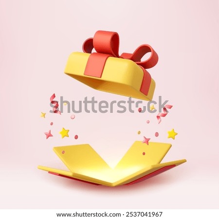 3d Surprise open Gift Box With Falling Confetti. Present box as prize concept. Christmas and New Year s surprise. Present box for birthday. 3d rendering. Vector illustration