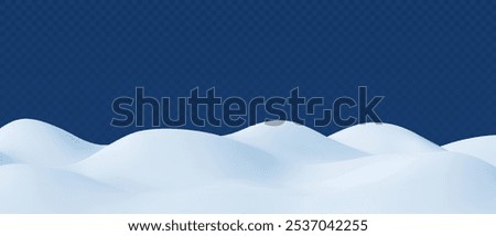 Snowy landscape isolated on dark transparent background. Snow hills background. Snowdrift design element. Game art concept. Vector illustration