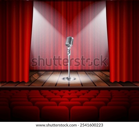 Metallic silver vintage microphone standing on empty stage under beam of spotlight light. mic on podium in the dark against red curtain backdrop. vector art image illustration, retro design