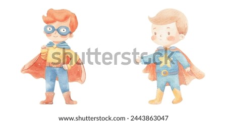 kid wearing super hero outfit watercolor vector illustration
