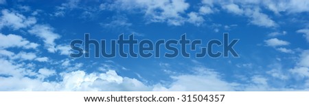 Panoramic photo of blue sky and clouds, summer cloudscape pattern copy space