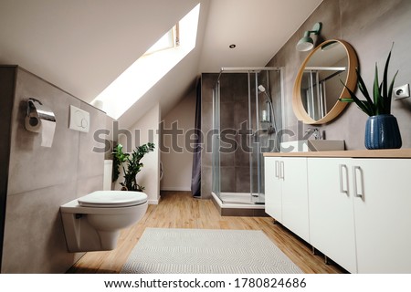Large modern bathroom with luxury fittings. Modern bathroom interior. Bathroom with walk in shower. Stylish luxury urban restroom interior. Glass door shower and white cabinet with mirror.