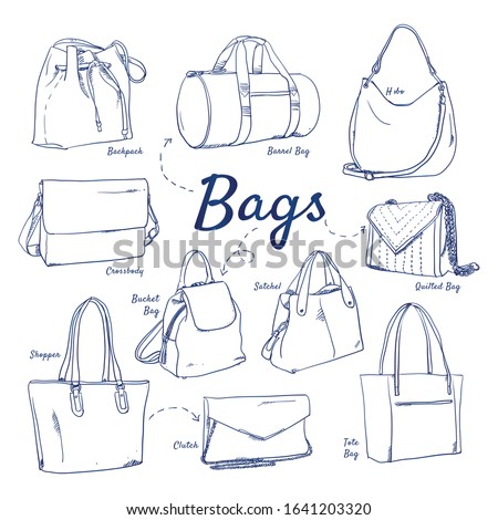 Doodle set of Bag Collection – Hobo, Quilted Bag, Backpack, Shopper, Satchel, Bucket, Tote, Crossbody, Barrel, Clutch, hand-drawn. Vector sketch illustration isolated over white background