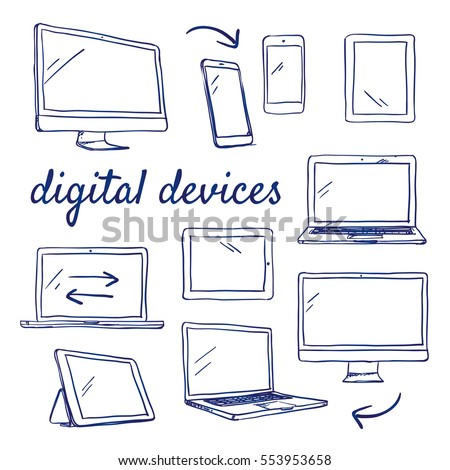 Doodle set of digital devices - computer, desktop, tablet, smart phone, touch, hand-drawn. Vector sketch illustration isolated over white background. 