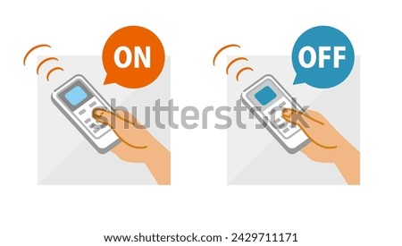 Illustration set of hand holding air conditioner controller with buttons and display, vector on white background. Switching on and off.