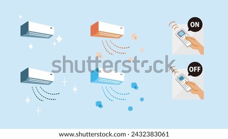 Illustration set of  simple air conditioner and hand holding controller, vector on sky blue background. Switching on and off. A functioning air conditioner that provides clean, warm, and cold air.