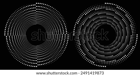 White vector halftone dots in spiral form. Geometric art. Segmented circle. Circular shape. Trendy design element for border frame, round logo, tattoo, sign, symbol, badge, emblem, web pages
Format Ve