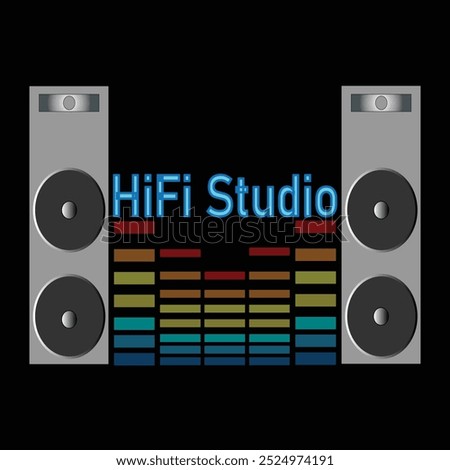 Hi-Fi Studio Logo Design Featuring Audio Speakers and Spectrum Analyzer on Black Background.