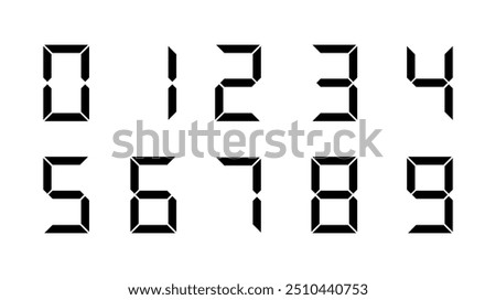 Digital numbers. Icon set. Black numbers, numerals. Calculator, scorecard, scoreboard, clock, stopwatch, electronic meter. Vector illustration.