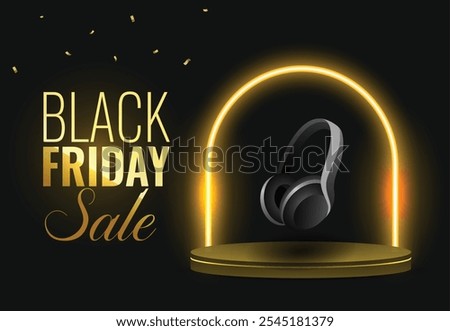 Black and gold podium with luxury podium, headphone for a Black Friday sale banner template design on a dark background