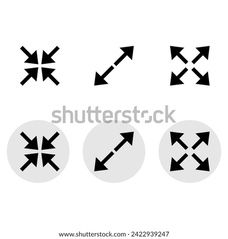 Full screen and exit full screen icon set in grey circle and blank. Vector illustration.