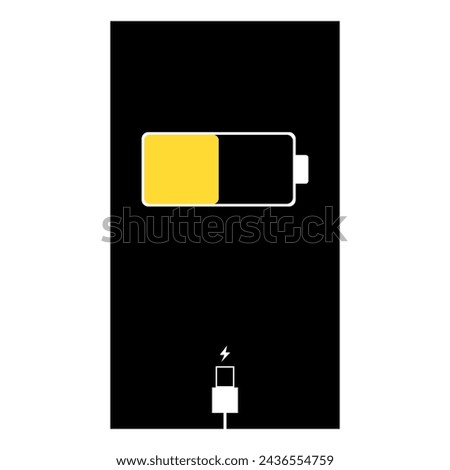 Charging phone icon. Smart phone charging battery in 50%. Battery charge level indicators and with USB connection.. Icon isolated on black background. Vector infographic.