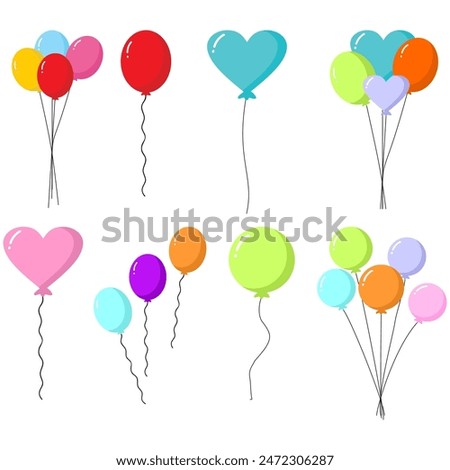 Colorful party balloons isolated on white background. Balloon set. Bunch of balloons for birthday and party. Flying ballon with rope. Anniversary, birthday party design. Air balloons vector.