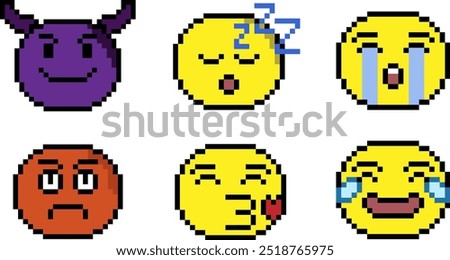 Smile, 8 bit, emoji, vector face, stickers, mini pack, vector illustration, 10EPS