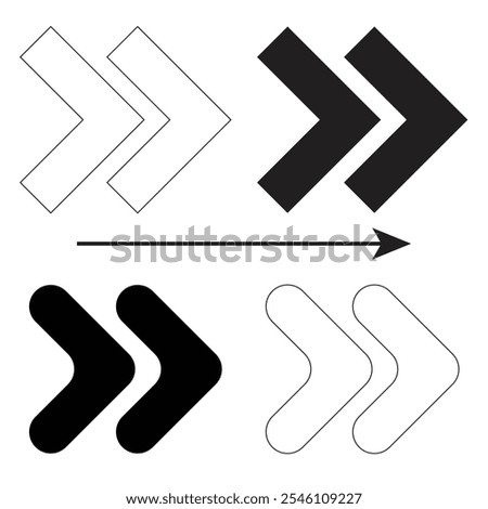 Arrow chevron symbol. Black arrows symbols set. Swipe sign. Set of horizontal and vertical chevron arrows. Ornaments with repeated V shaped stripes. Vector illustration