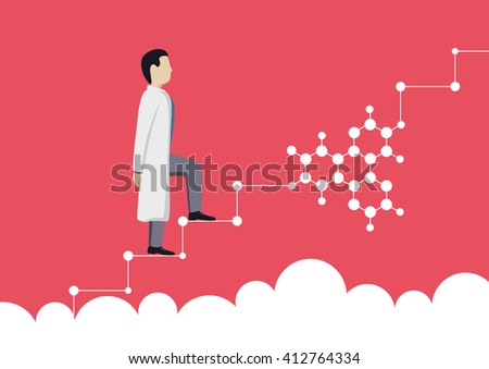 The doctor in a white dress up the career ladder, scientist, science. Vector illustration.