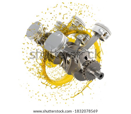 3d illustration of car engine with lubricant oil.  Car engine components with splashes of oil on white background. Engine oil concept.