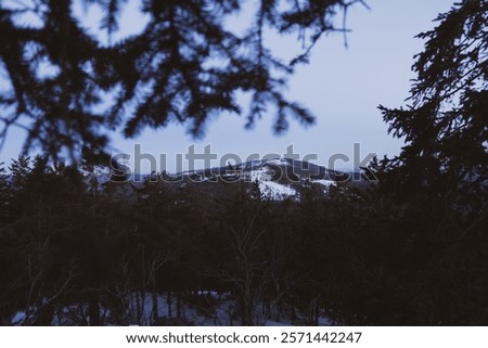 Similar – Image, Stock Photo The night twilight comes. A small glimmer of light from the sun can still be seen.  Lanterns are already on.