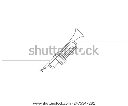 Continuous one line drawing of trumpet. One line drawing illustration of trumpet. Musical instrument concept singe line. Editable outline.
